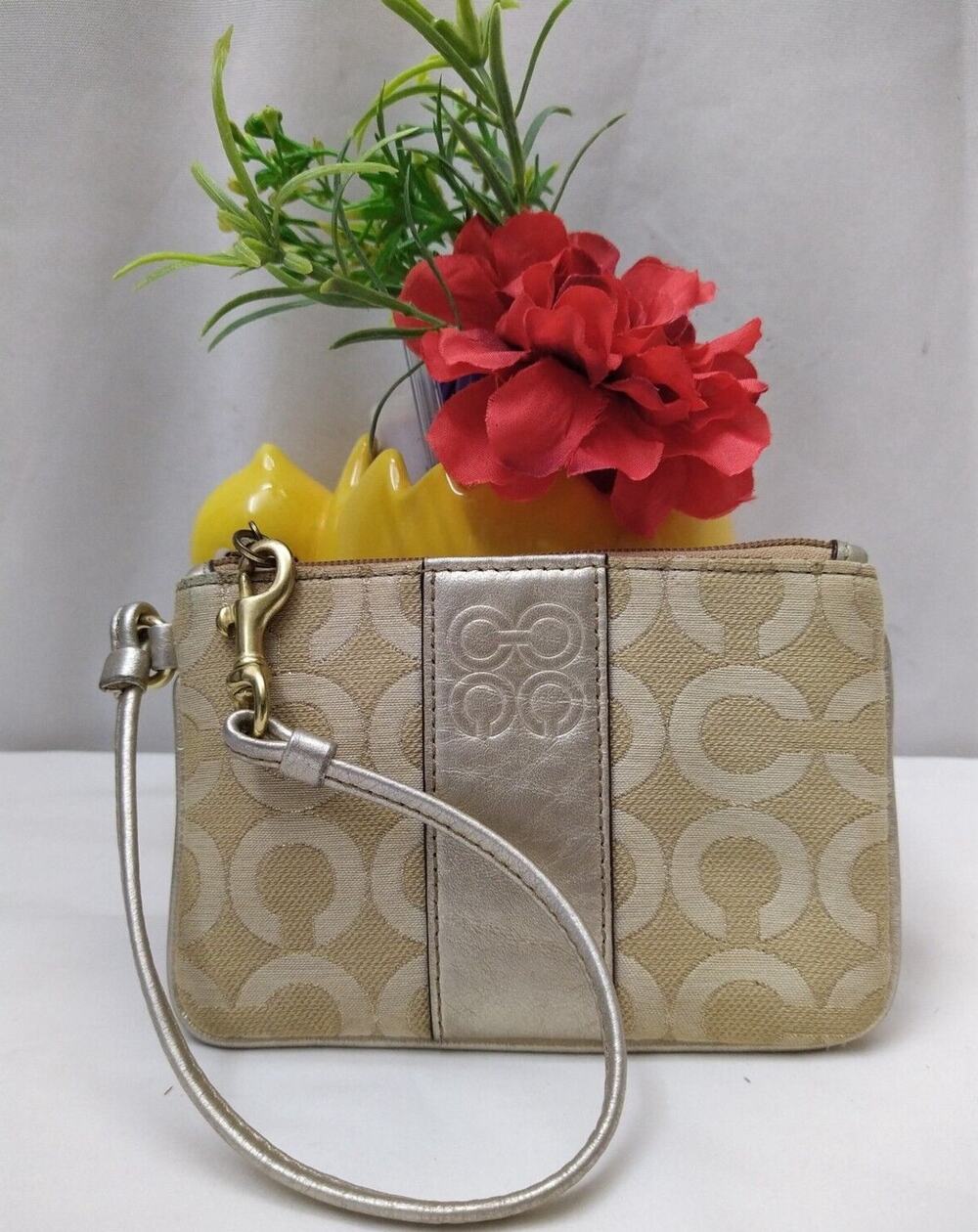 Coach Signature Beige Canvas Gray Leather Trim Zipper Wristlet - Coin Wallet